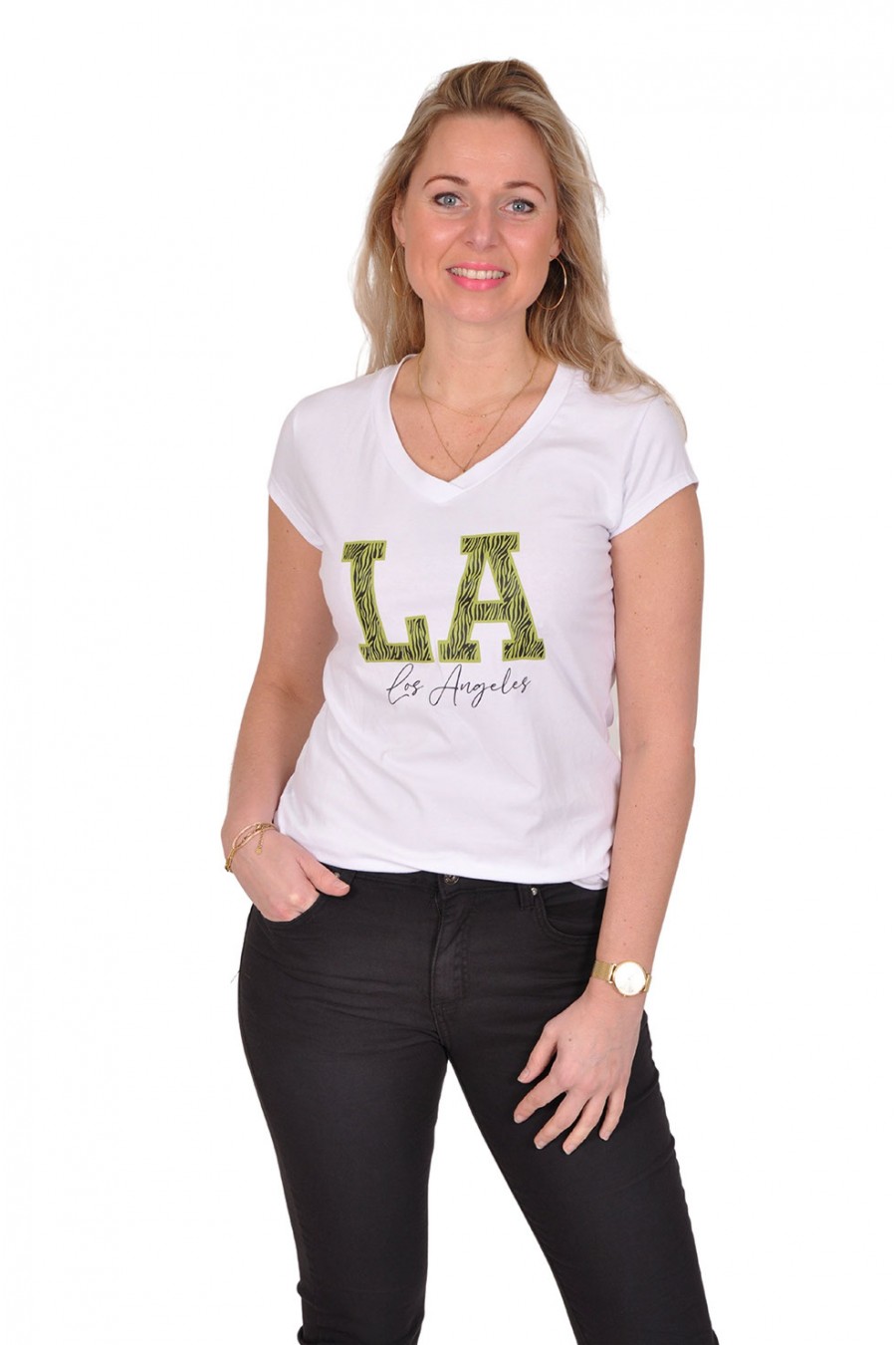 T-shirt Los Angeles wit-mosgroen Savinni