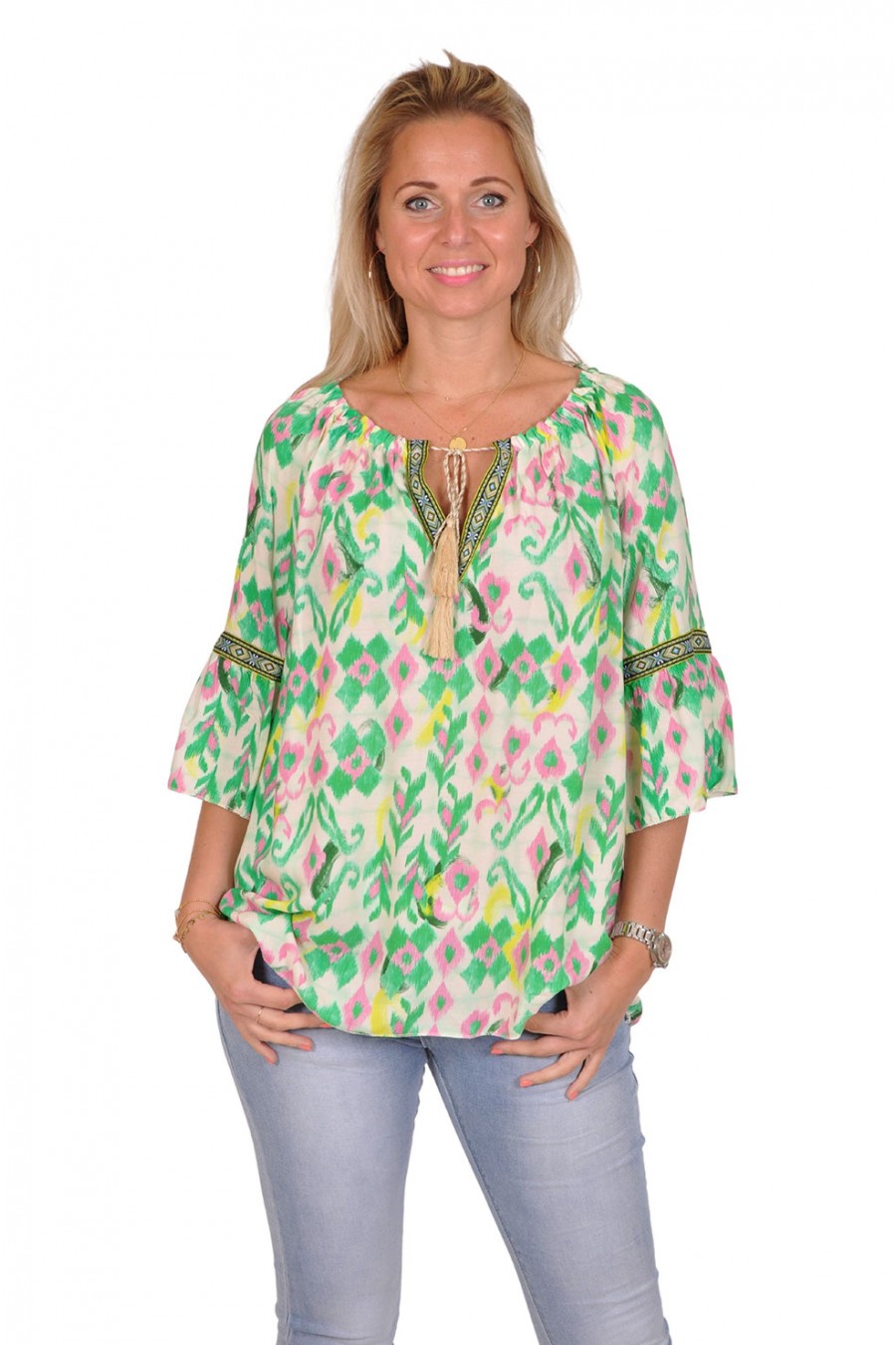 Bohemain blouse groen-roze Gemma Ricceri