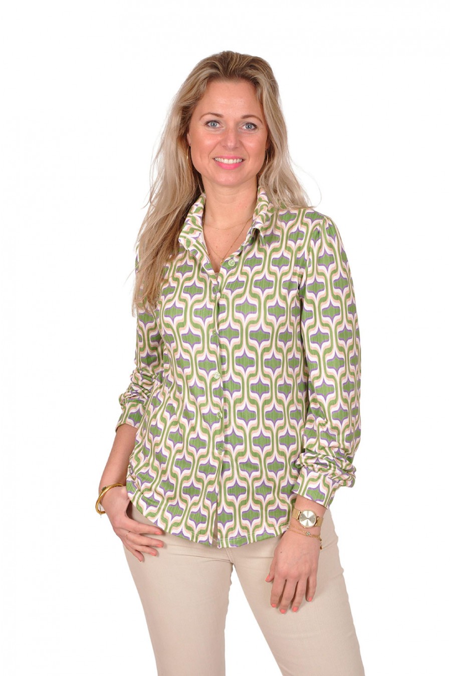 Stretch blouse Jasmin groen-lila-beige Savinni