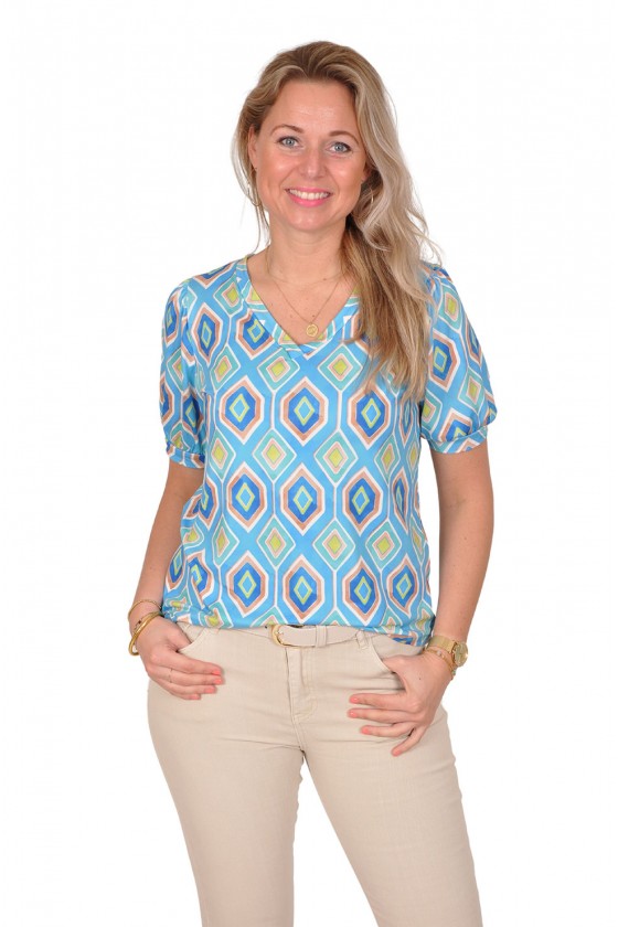 Stretch V-hals top Fiona blauw-turquoise