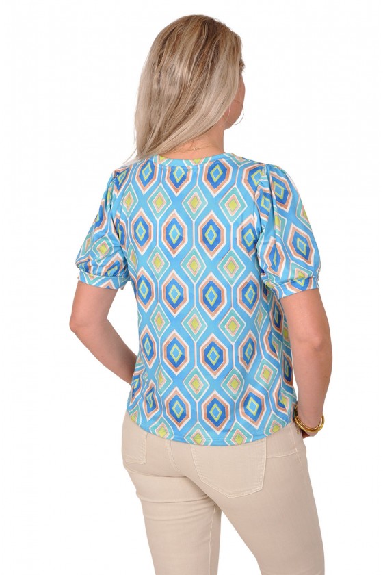 Stretch V-hals top Fiona blauw-turquoise
