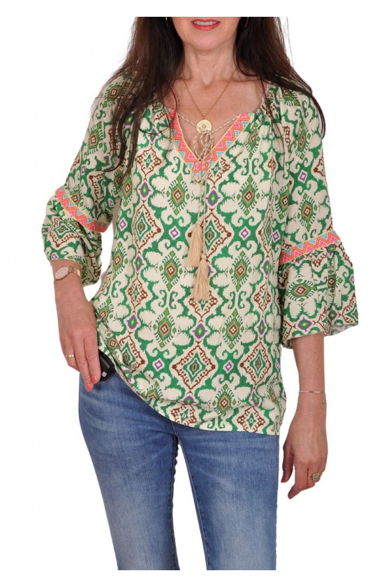 Bohemian blouse Viv groen-ecru Musthaves By Elja