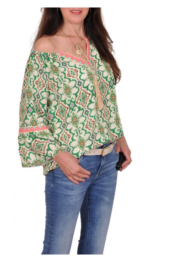Bohemian blouse Viv groen-ecru