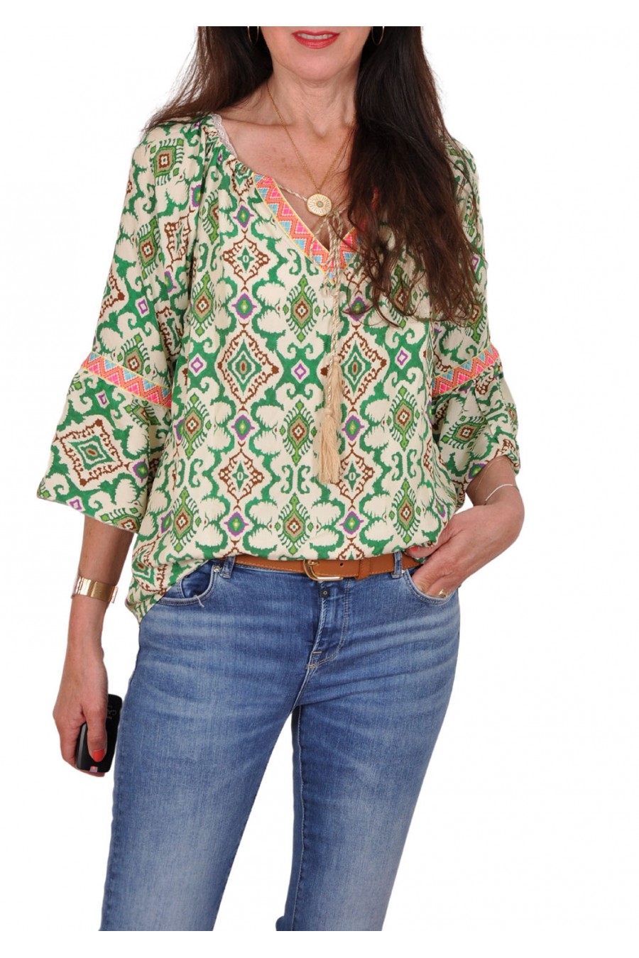 Bohemian blouse Viv groen-ecru Musthaves By Elja