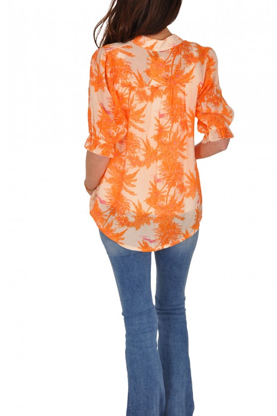Korte pofmouwen V-hals blouse Palmboom oranje