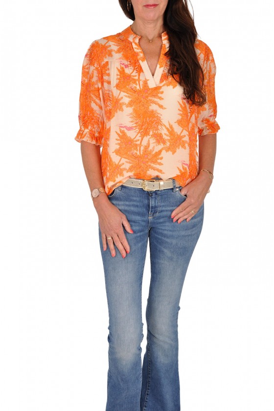Korte pofmouwen V-hals blouse Palmboom oranje