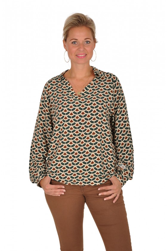 All-over print V-hals blouse met platte kraag Evi groen