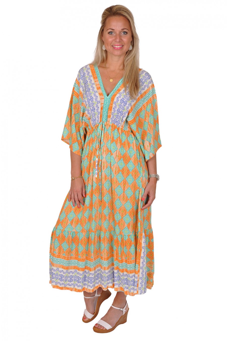 Ibiza stijl jurk met V-hals voor en achter turquoise-oranje