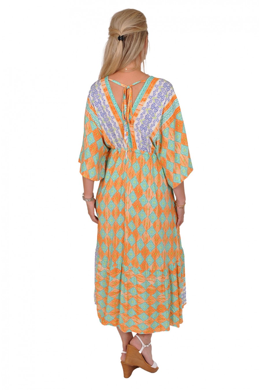 Ibiza stijl jurk met V-hals voor en achter turquoise-oranje