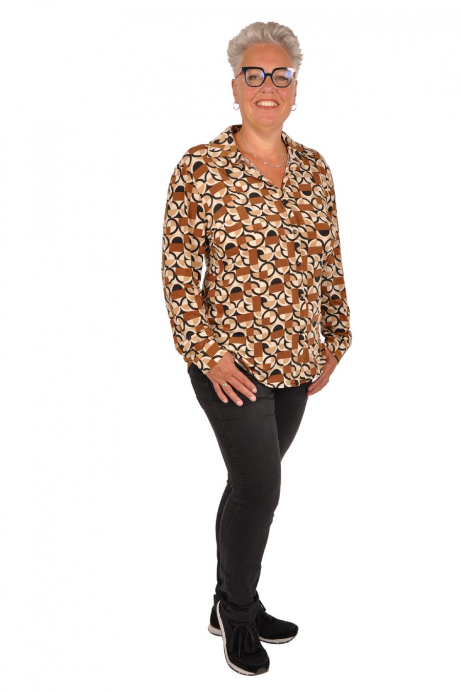 All-over print stretch blouse Amber bruin-zwart Chastar