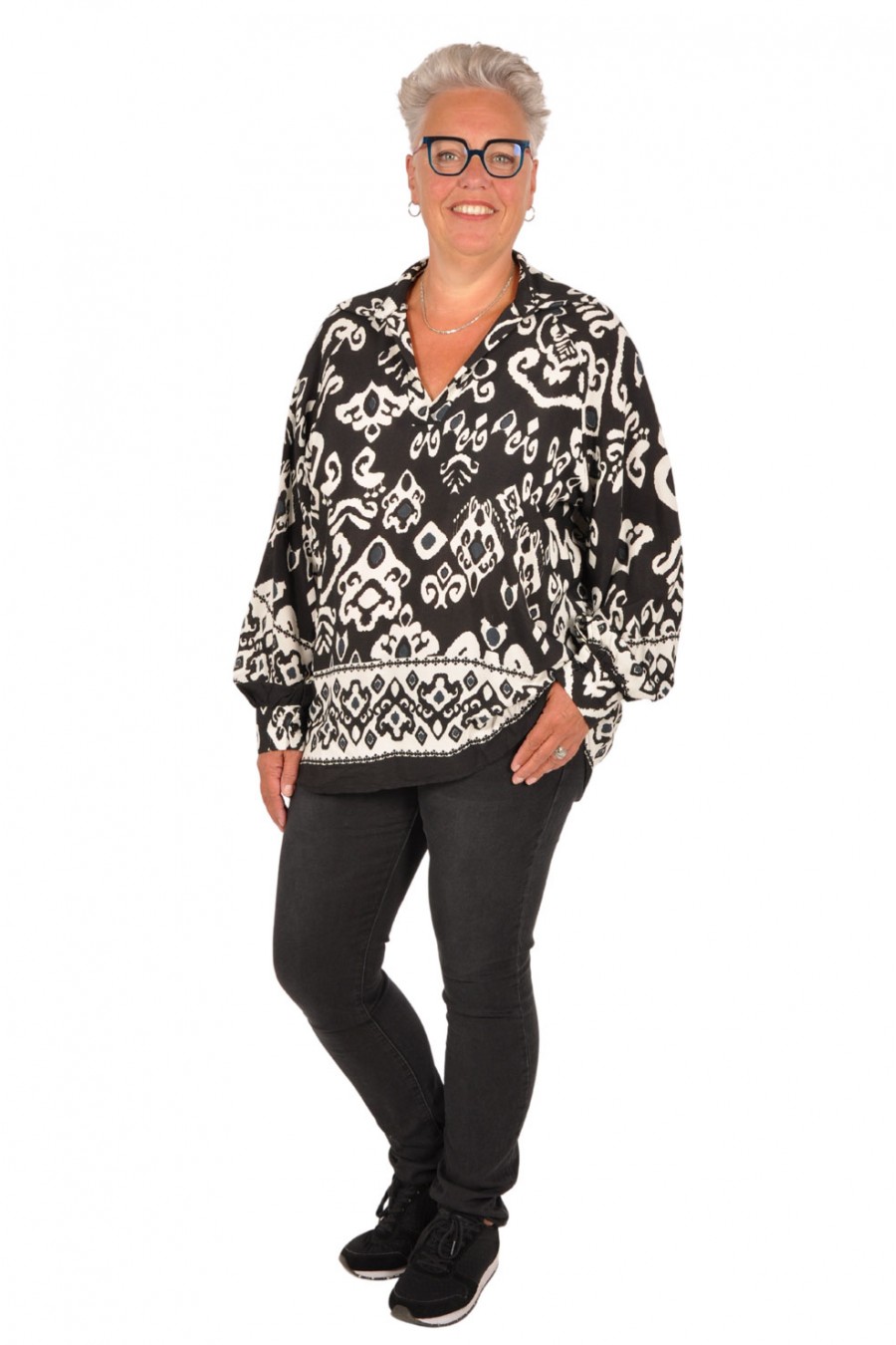 Bohemian V hals blouse pofmouwen zwart voor