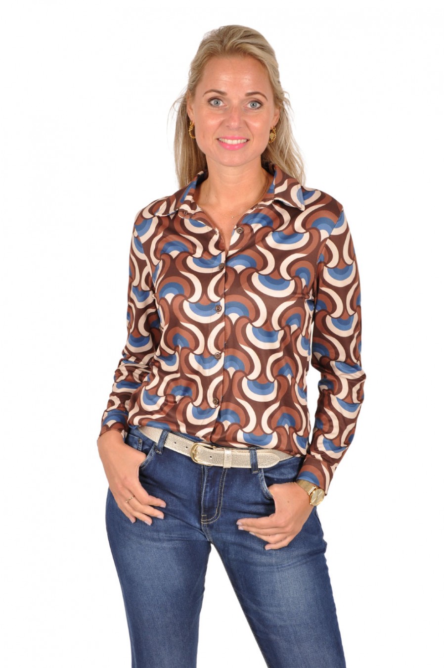 Soft stretch blouse Linda bruin-blauw Chastar