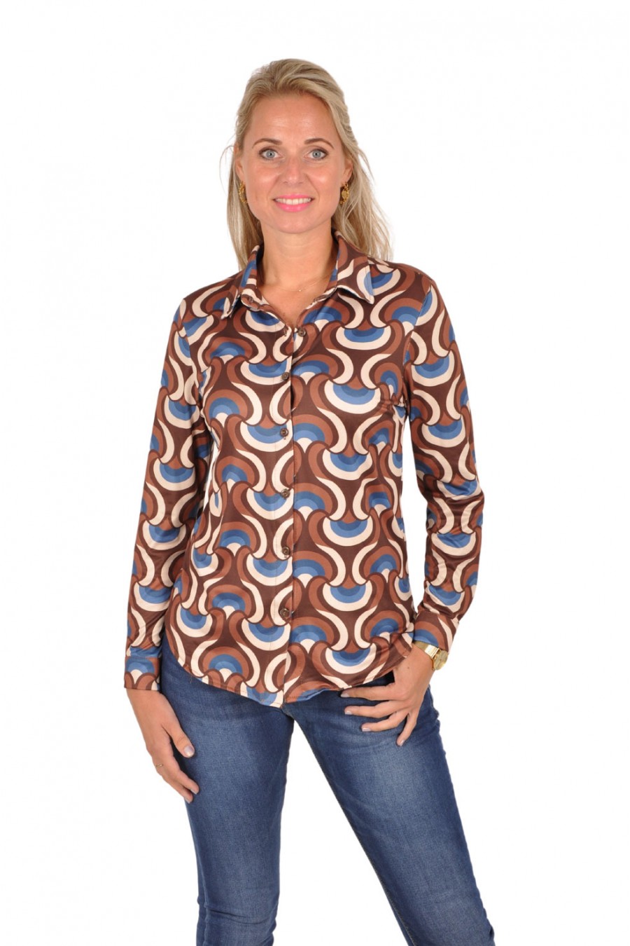 Soft stretch blouse Linda bruin-blauw Chastar