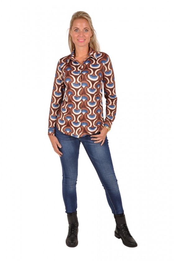 Soft stretch blouse Linda bruin-blauw Chastar