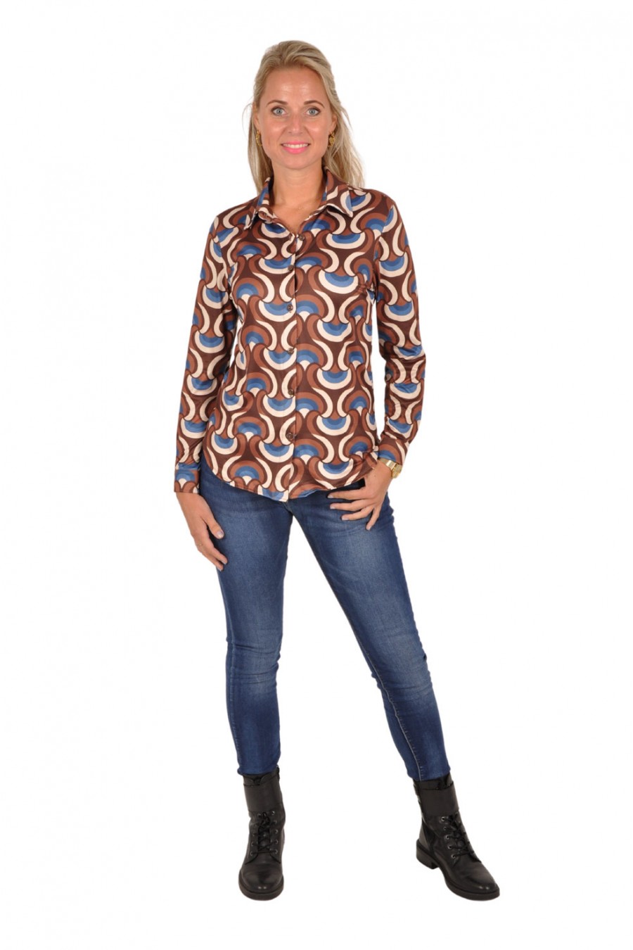 Soft stretch blouse Linda bruin-blauw Chastar