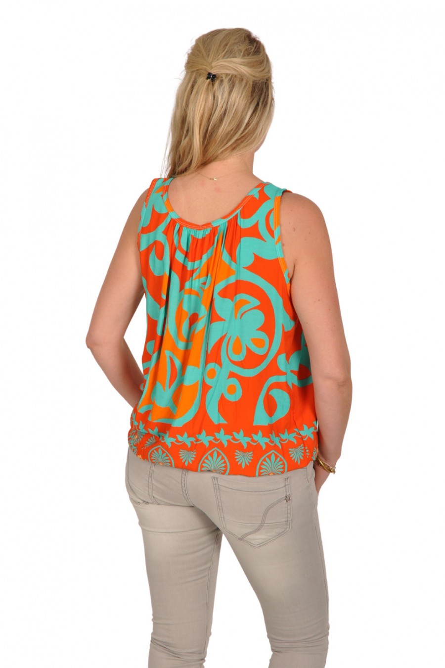 Ballon top viscose oranje-turquoise Italia Moda