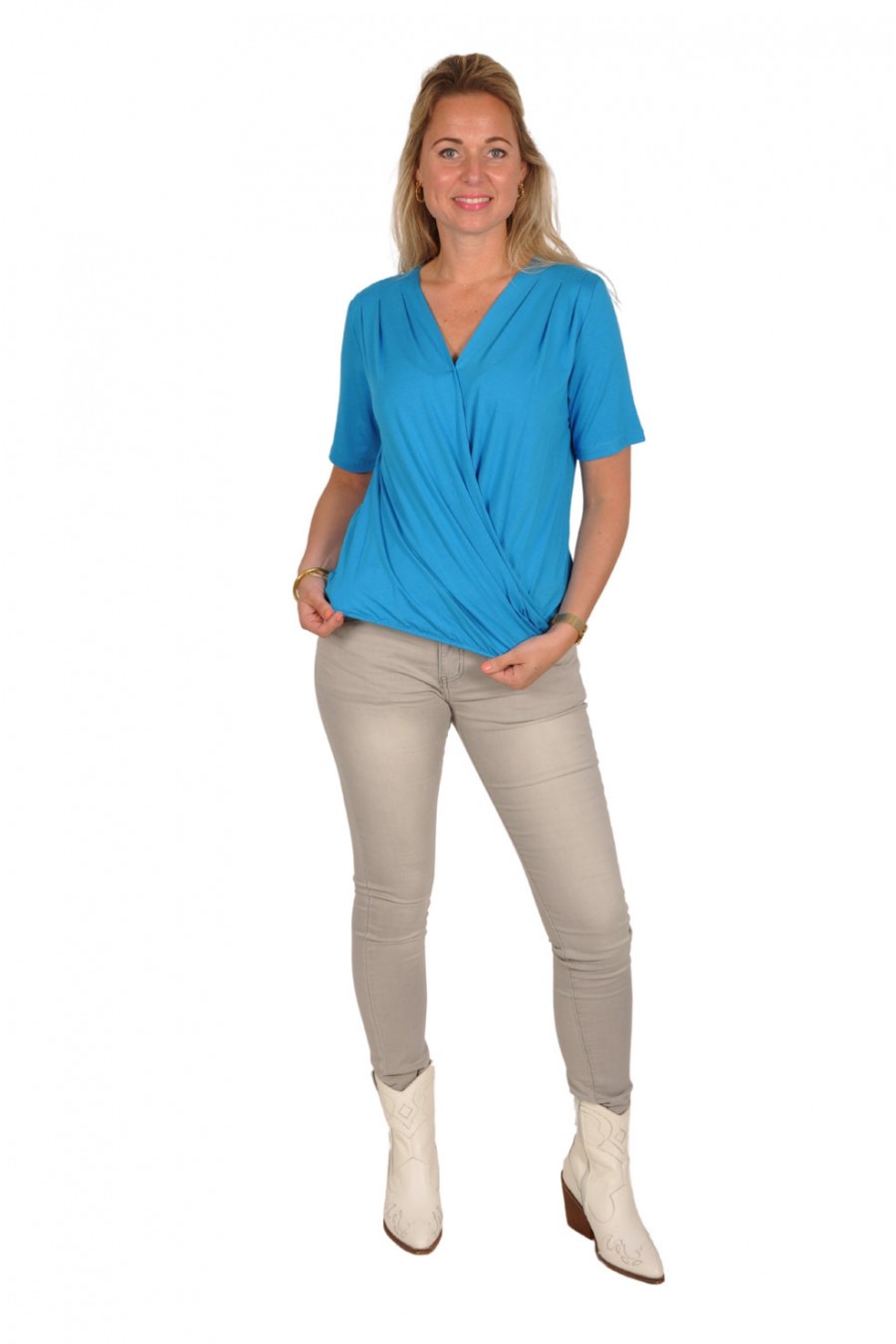 Mooij overslag V-hals top blauw Mooij