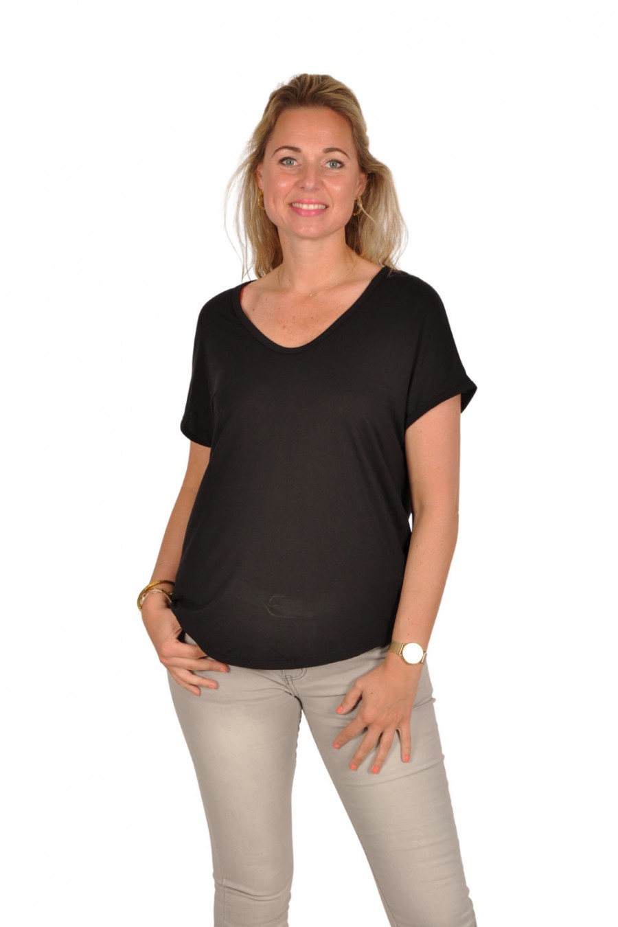 Mooij effen T-shirt V-hals zwart Mooij