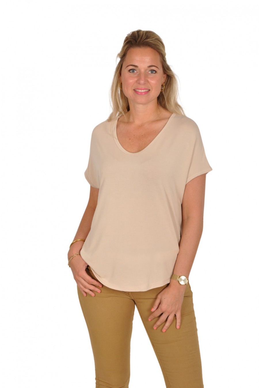 Mooij effen V-hals top beige Mooij