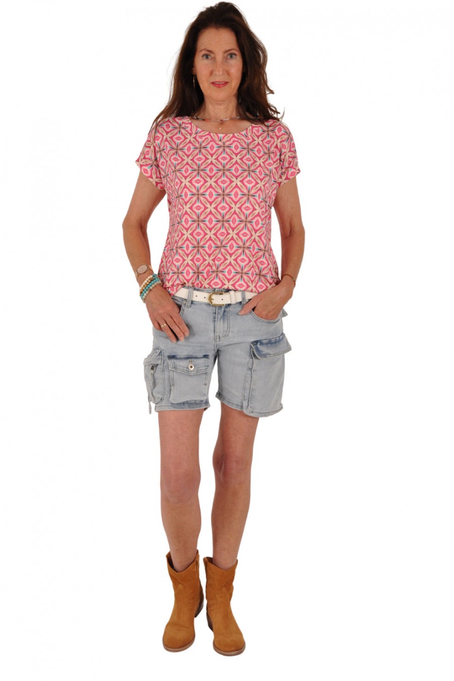 Travelstof top met keyhole roze-lichtblauw Musthaves By Elja