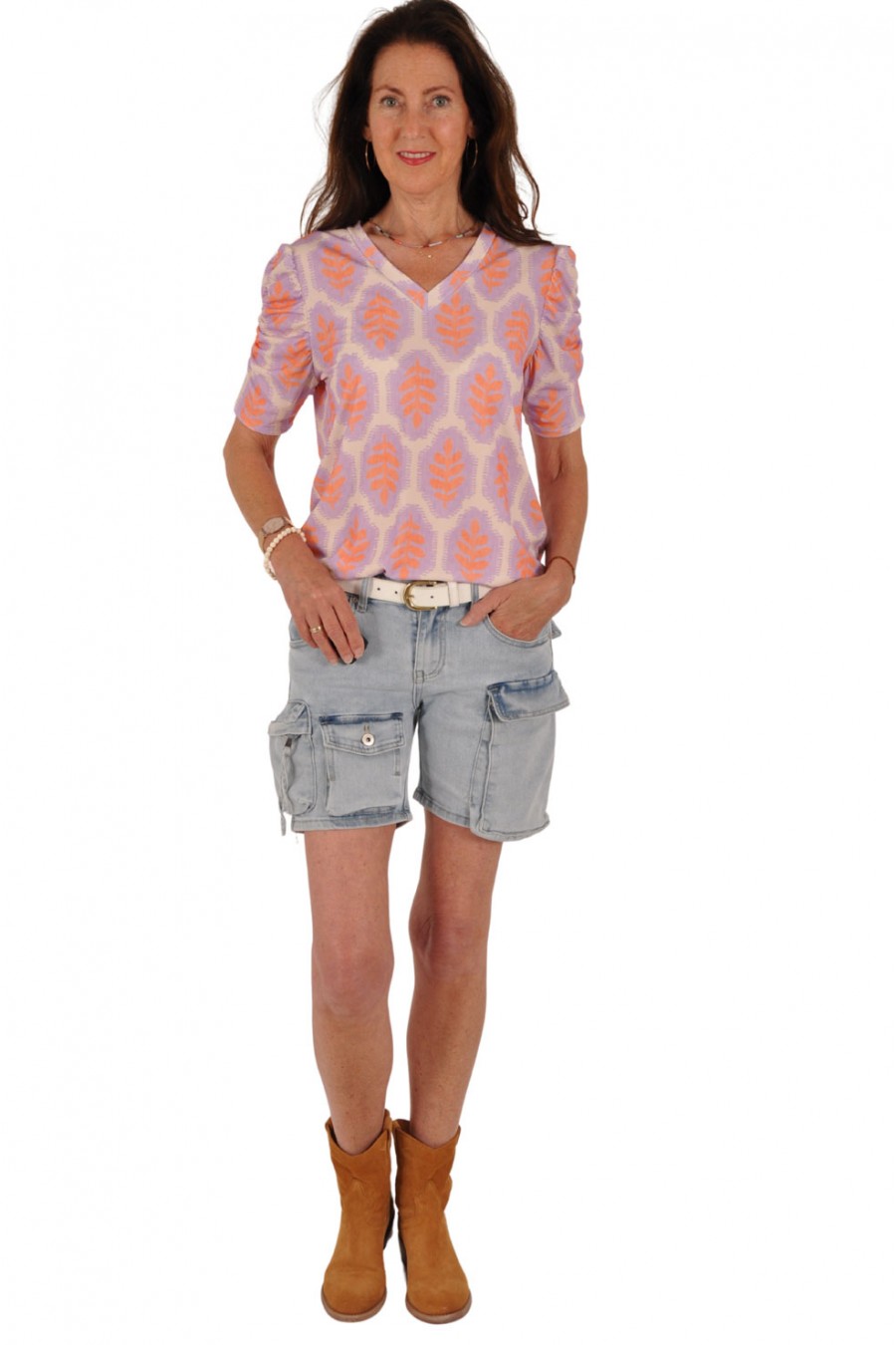 Bladprint V-hals top oranje-lila Vera Jo Bladprint V-hals top oranje-lila Vera Jo