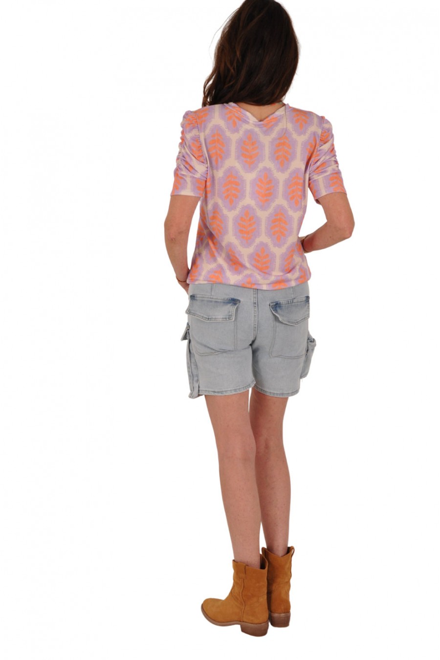 Bladprint V-hals top oranje-lila Vera Jo