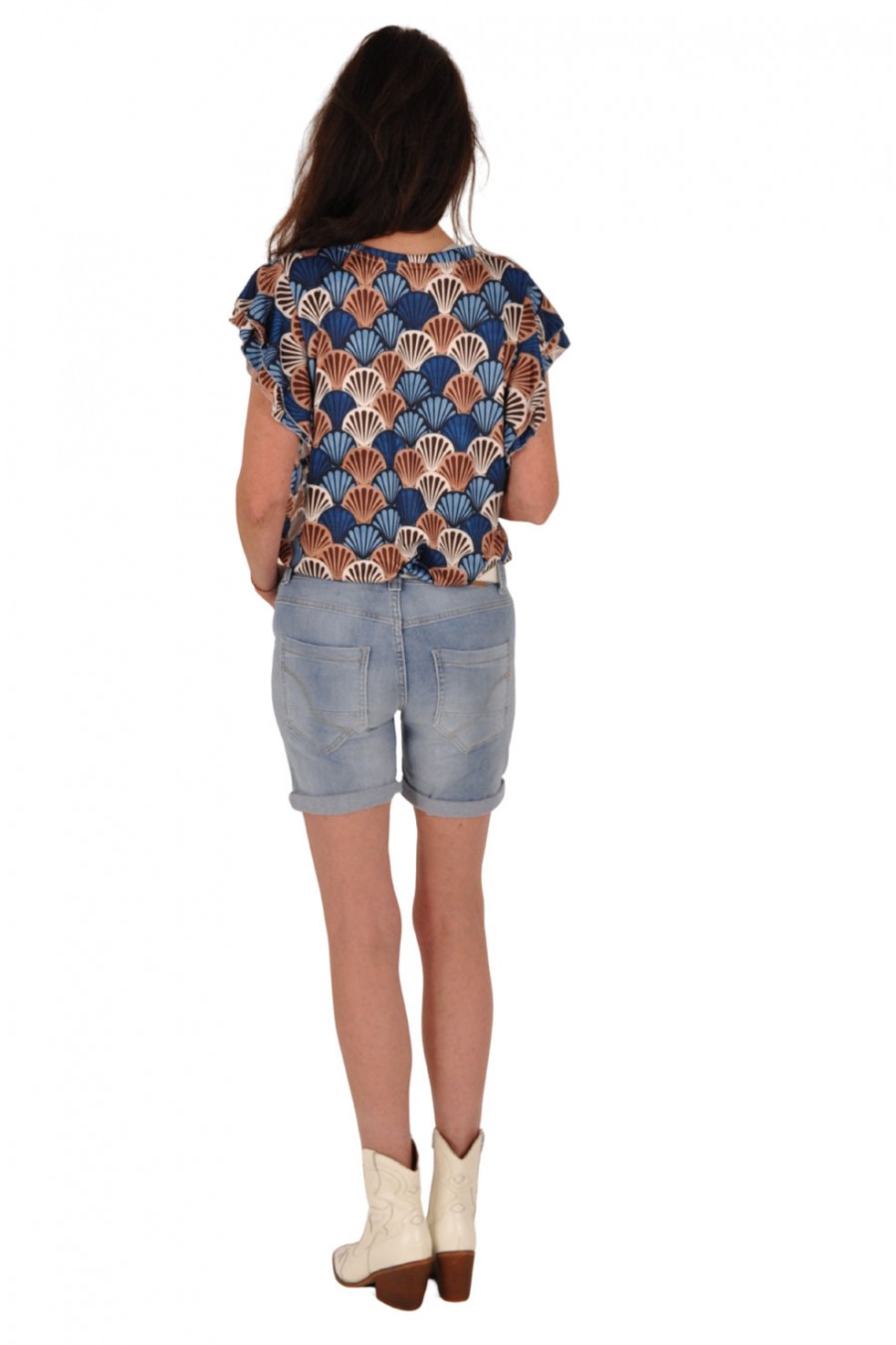Chastar travelstof top ruches mouwen Schelpen blauw Chastar