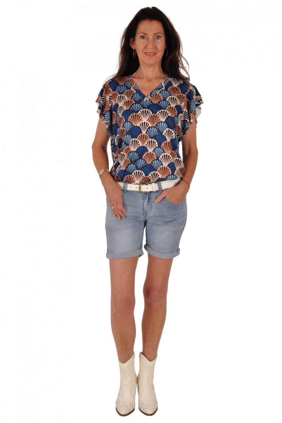 Chastar travelstof top ruches mouwen Schelpen blauw Chastar
