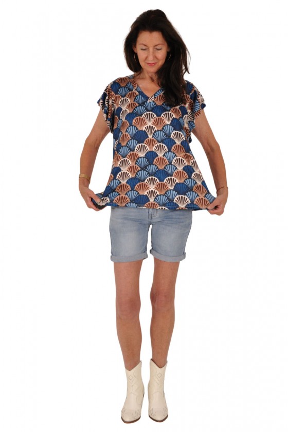 Chastar travelstof top ruches mouwen Schelpen blauw Chastar