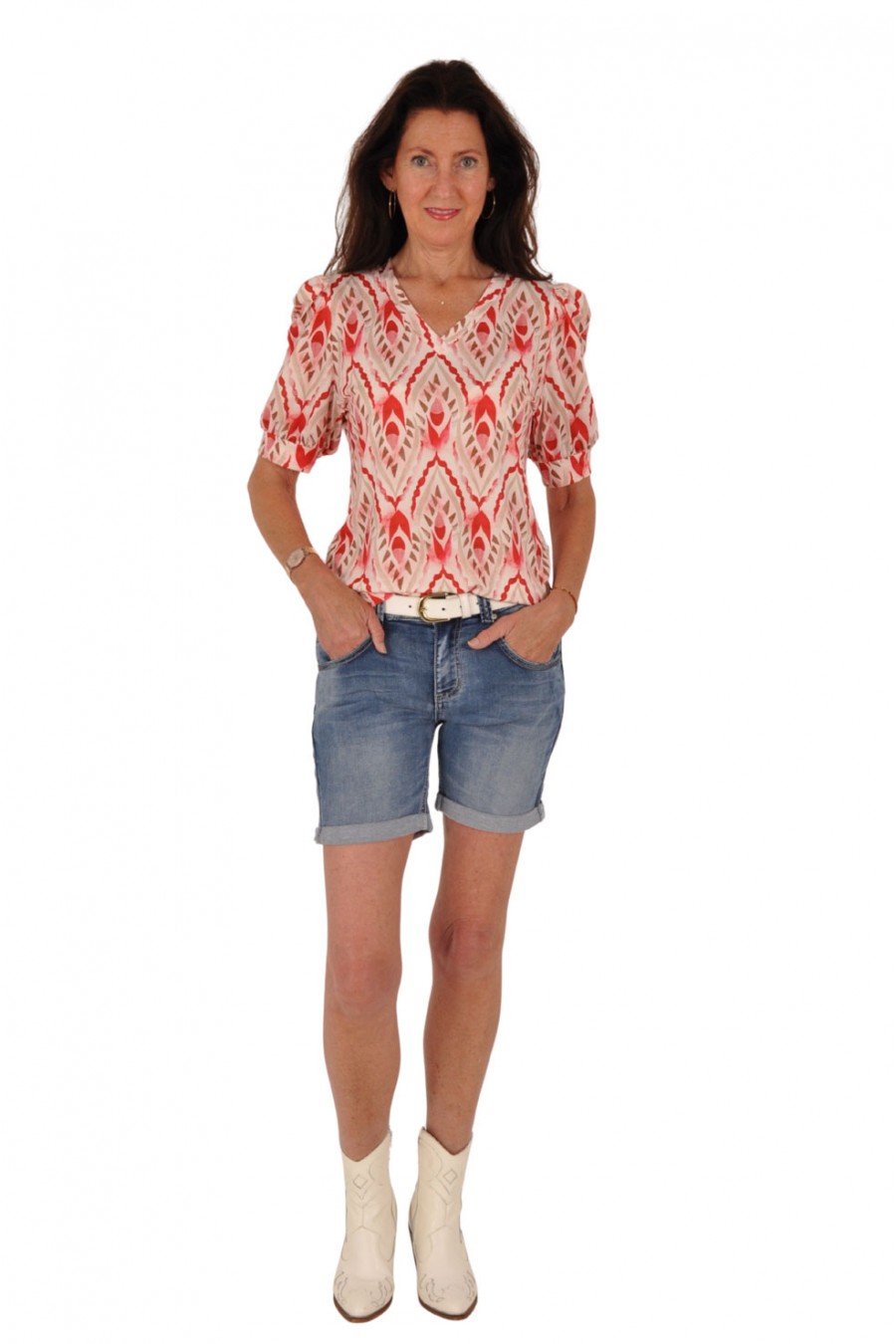 Chastar travelstof V-hals top Summer rood-ivoor Chastar