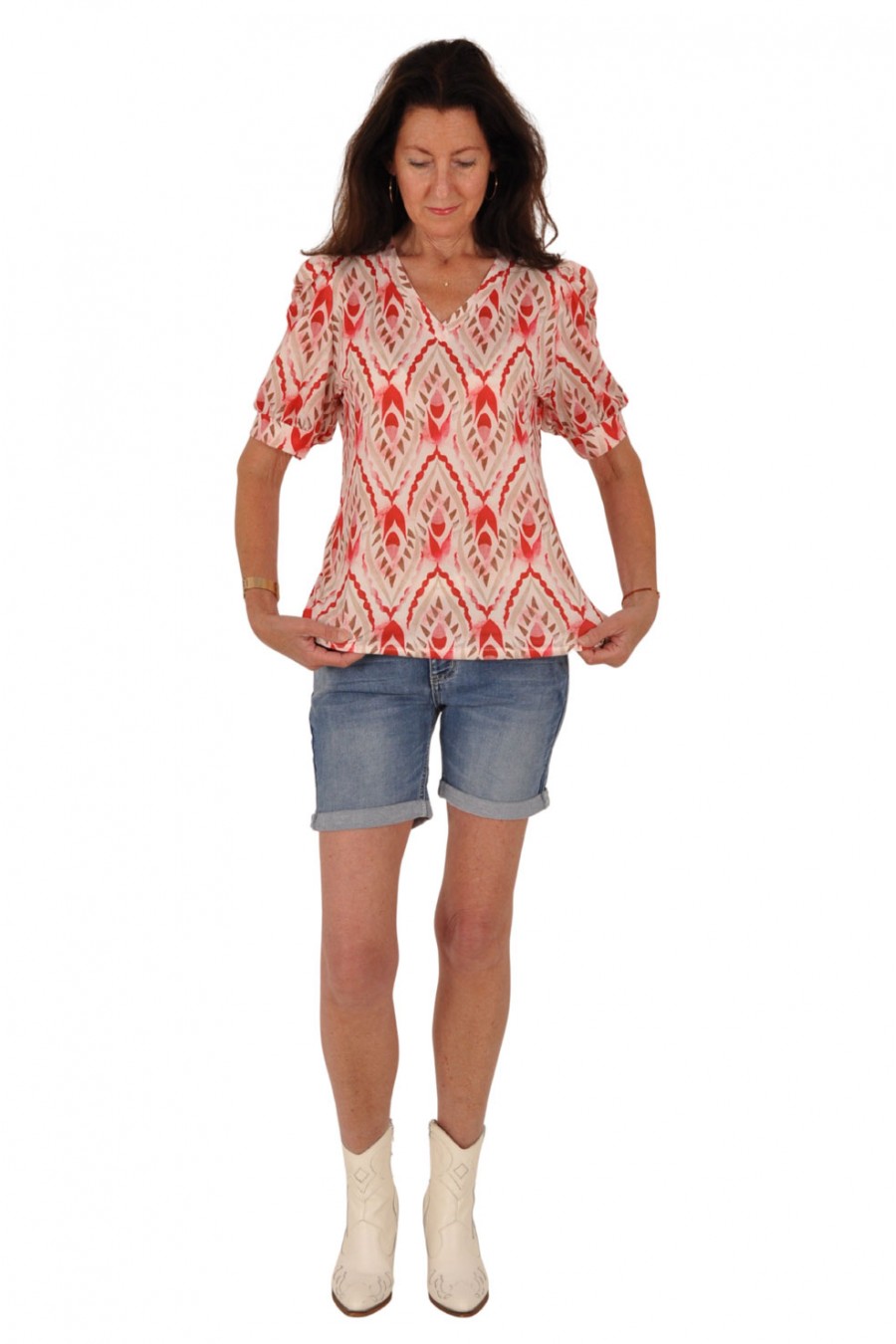 Chastar travelstof V-hals top Summer rood-ivoor Chastar