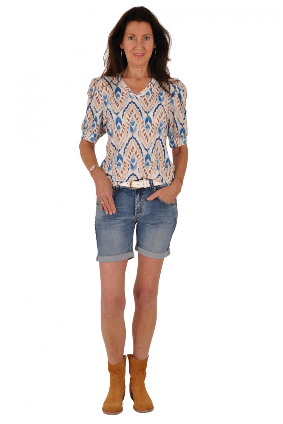 Chastar travelstof V-hals top Summer blauw-ivoor Chastar Chastar travelstof V-hals top Summer blauw-ivoor Chastar