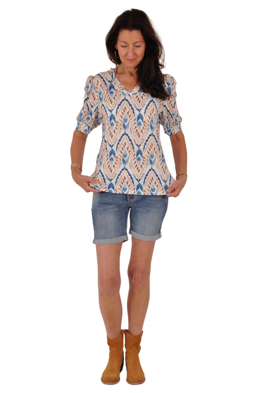 Chastar travelstof V-hals top Summer blauw-ivoor Chastar