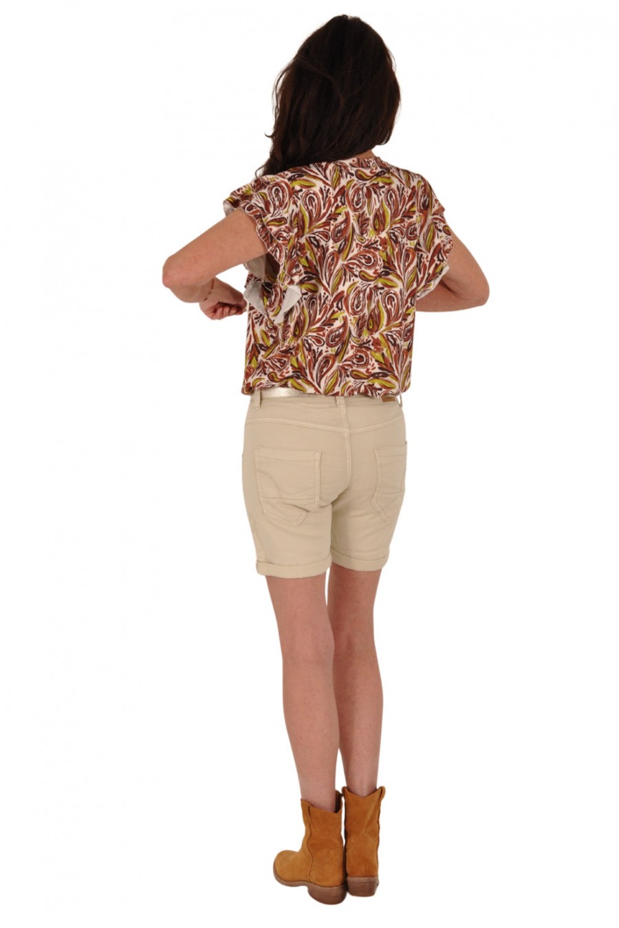 Chastar travelstof top ruches mouwen Paisley groen-bruin Chastar