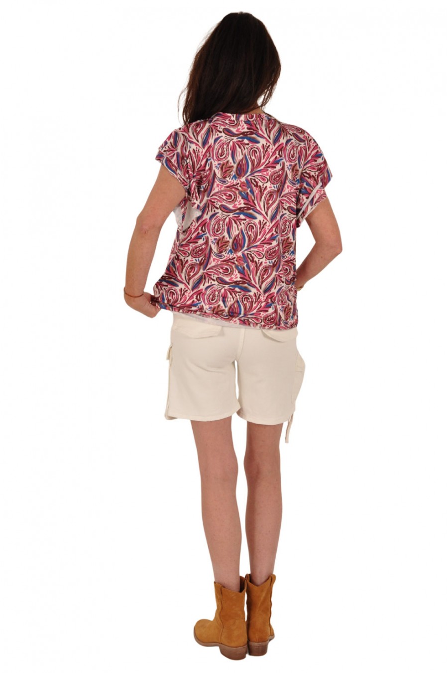 Chaster travelstof top ruches mouwen Paisley roze-blauw Chastar