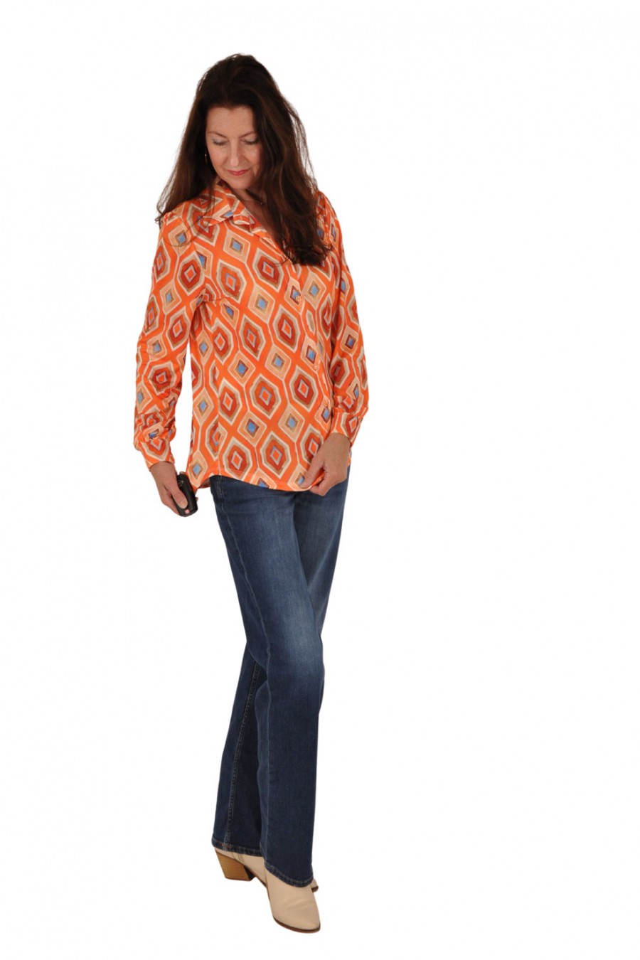 Stretch blouse Fem oranje-lichtblauw Savinni