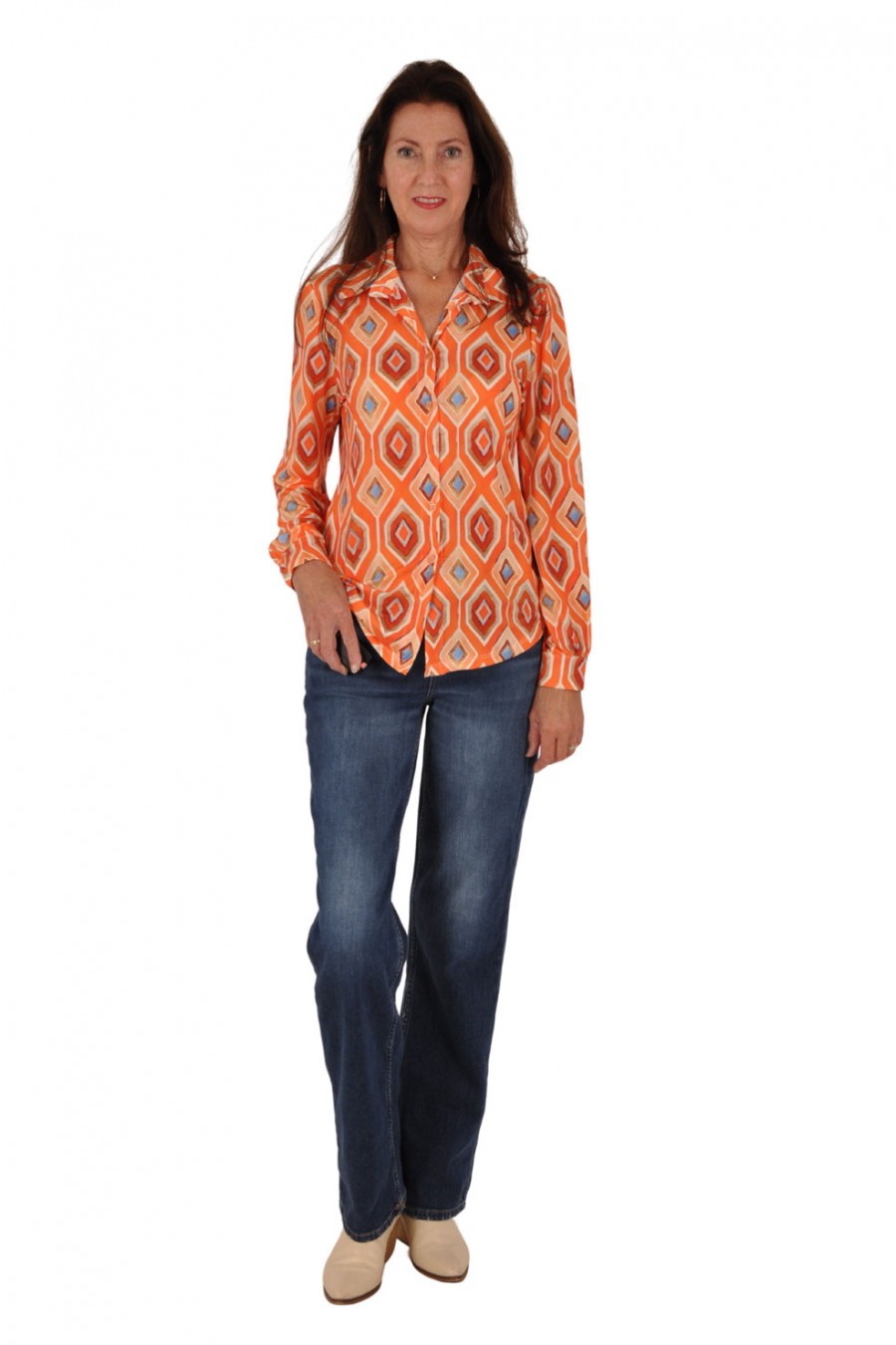 Stretch blouse Fem oranje-lichtblauw Savinni
