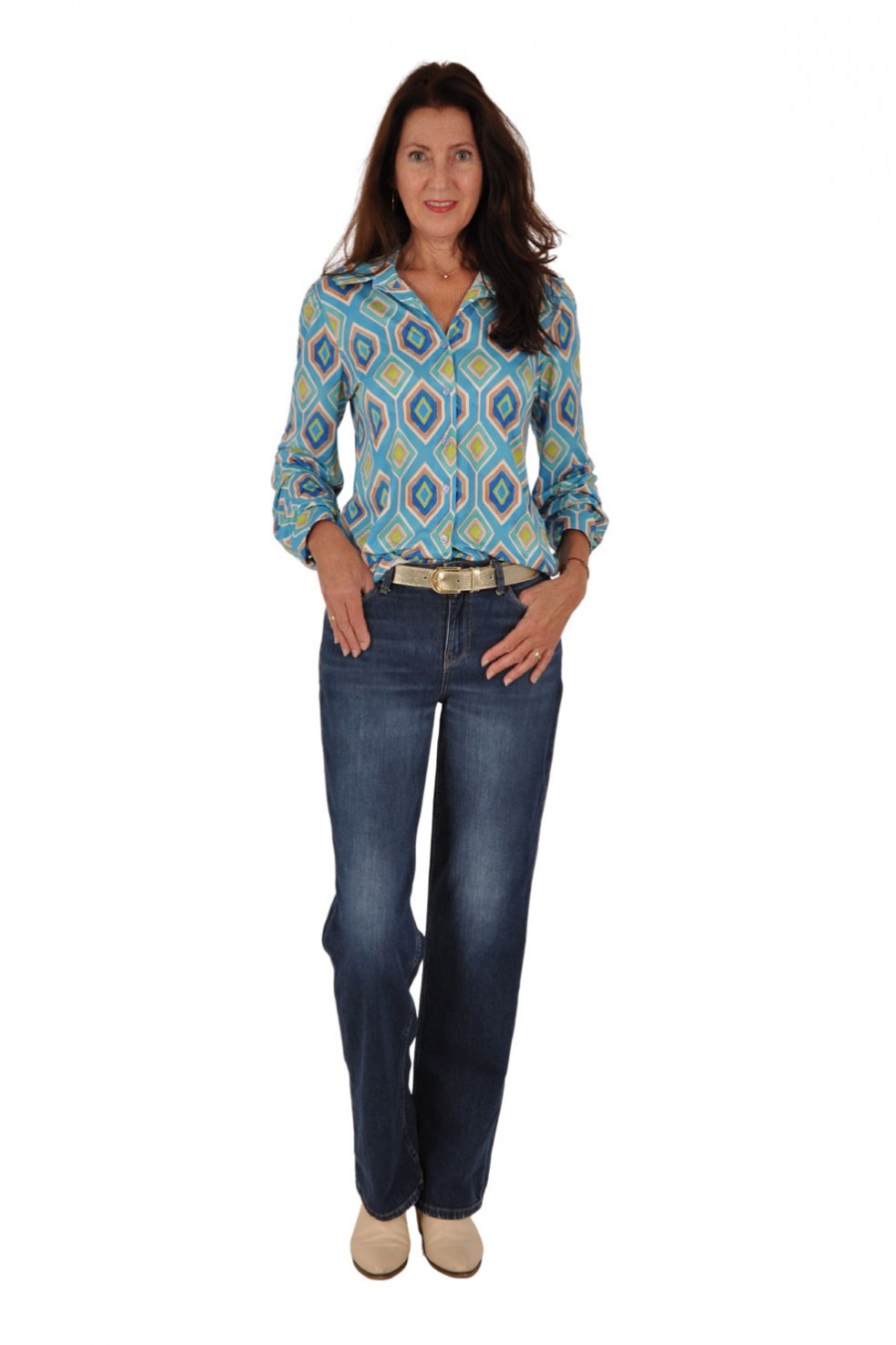 Soft stretch blouse Lis lichtblauw-camel Savinni Soft stretch blouse Lis lichtblauw-camel Savinni