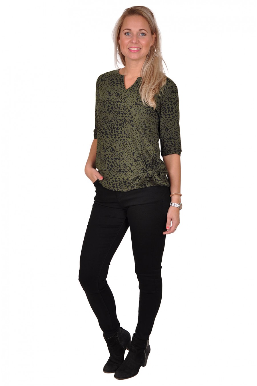 Travelstof strik Leopard blouse/top Anastacia van Daelin army