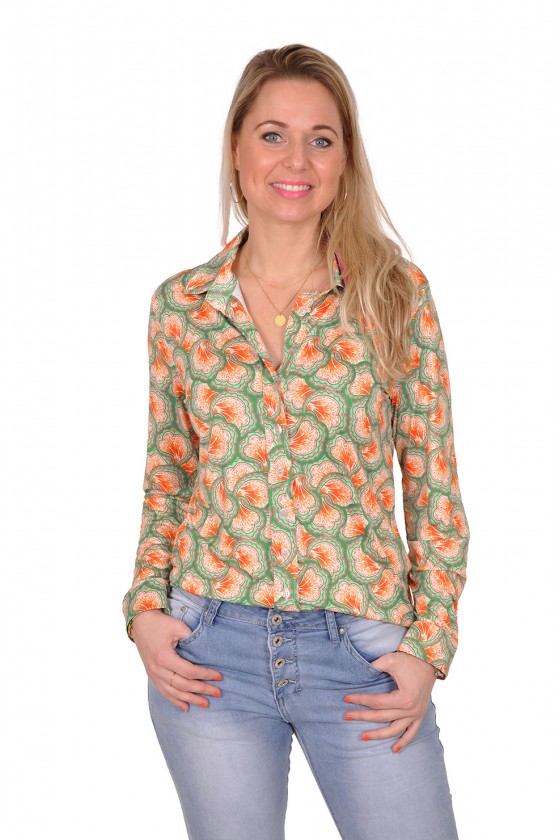 Savinni stretch blouse Bloem groen-oranje-roze