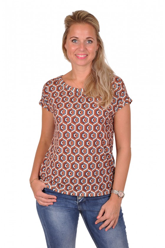 All-over print top met rugdetail Daisy camel-petrol