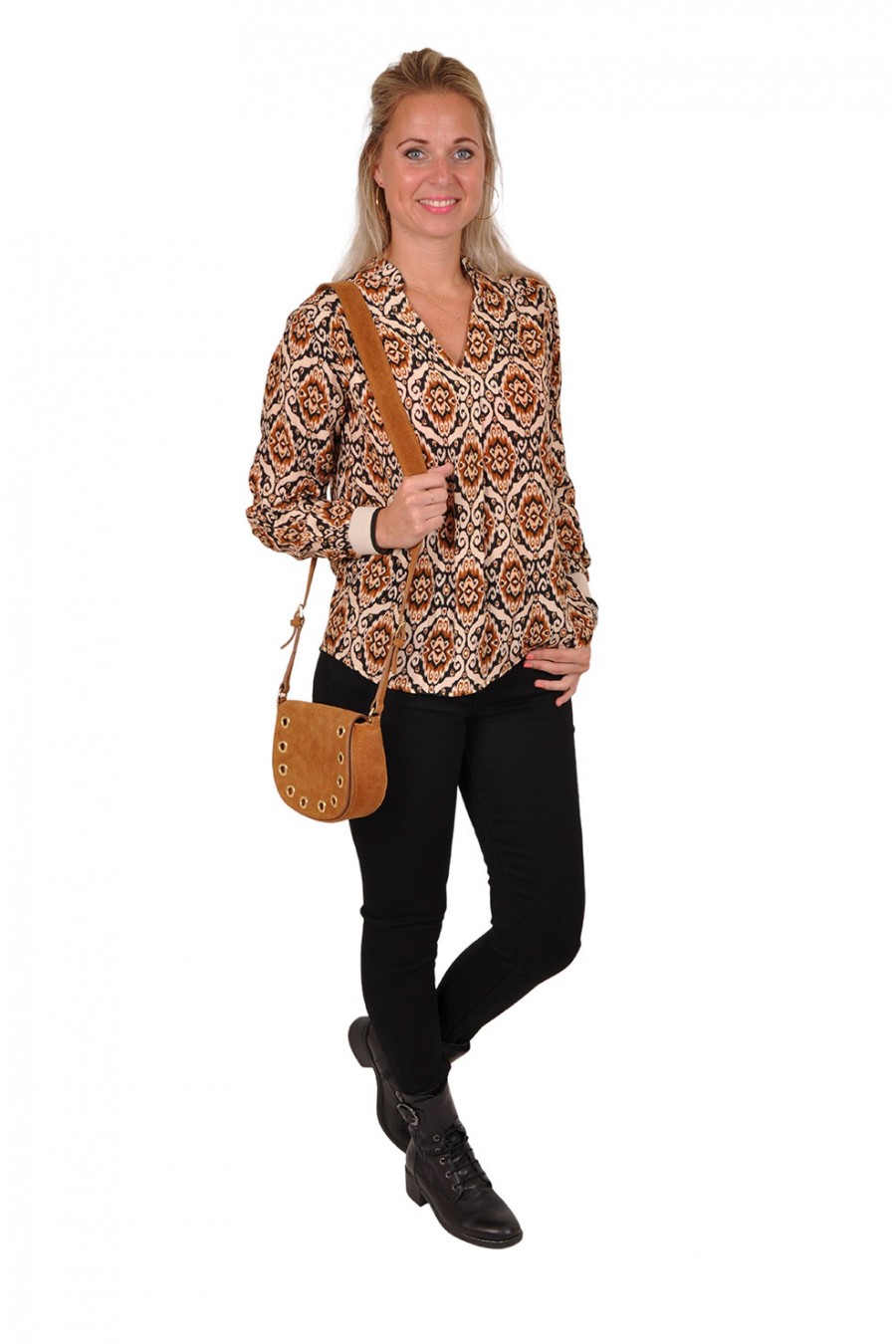 V-hals blouse met elastische manchetten Indy bruin Musthaves By