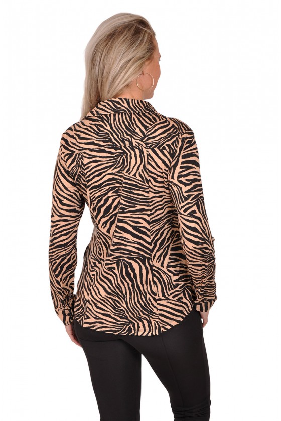Katoenen travelstof blouse Zebra zwart-camel