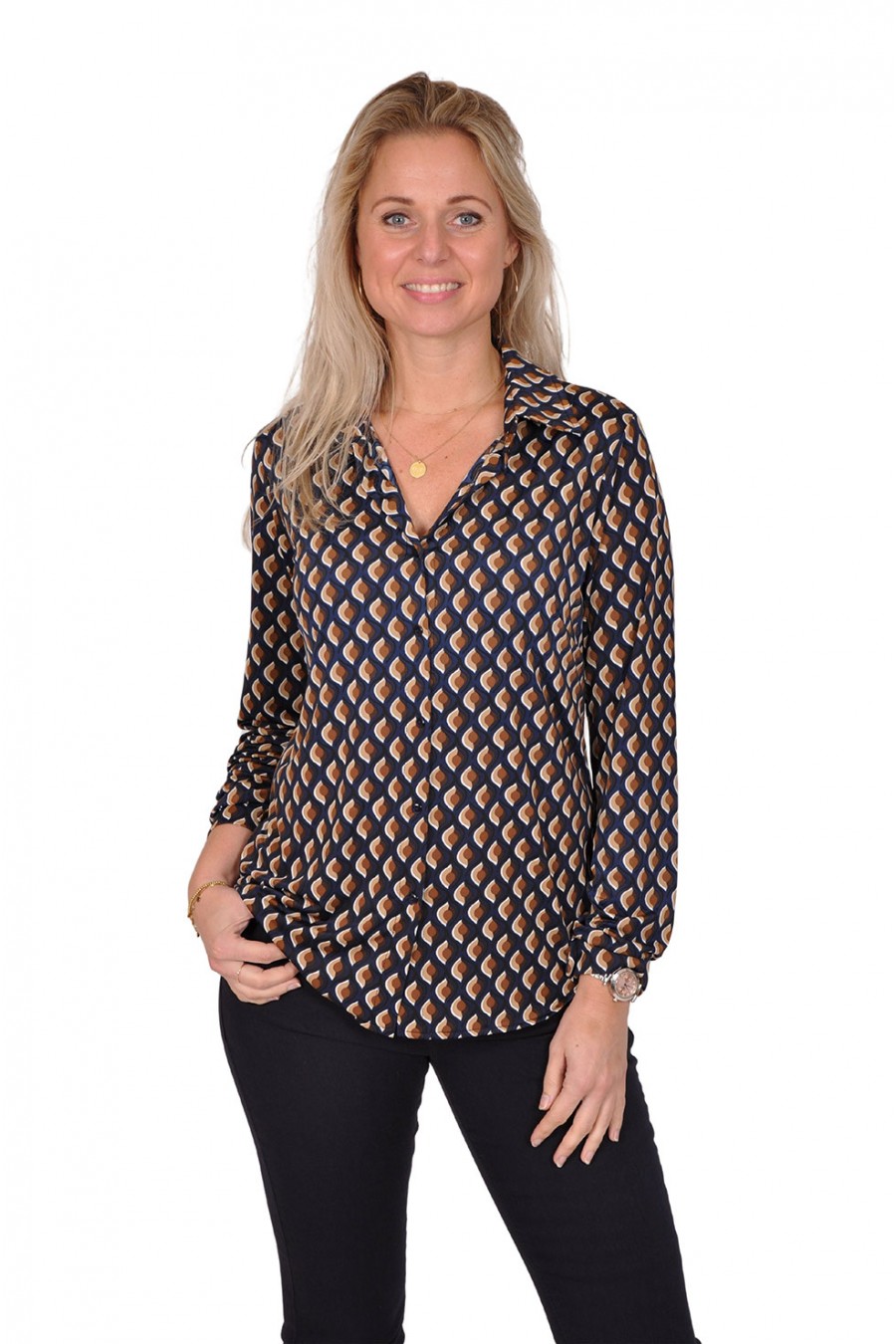 All-over print stretch blouse Nadia navy-bruin Chastar