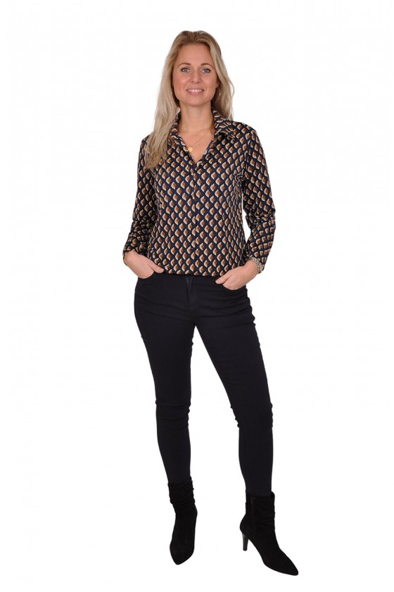 All-over print stretch blouse Nadia navy-bruin